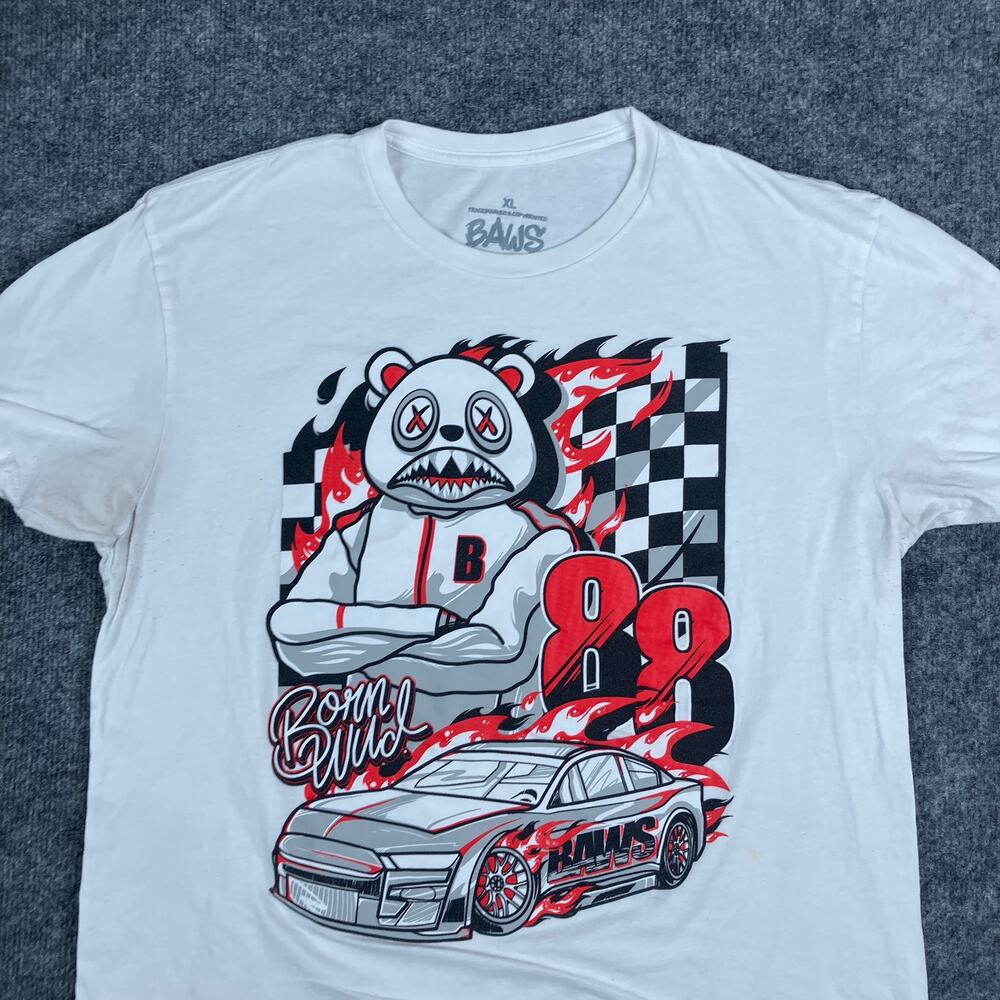 BAWS T-Shirt Mens XL White Graphic Racing Bear 88‎ Car Streetwear USA Made Tee
